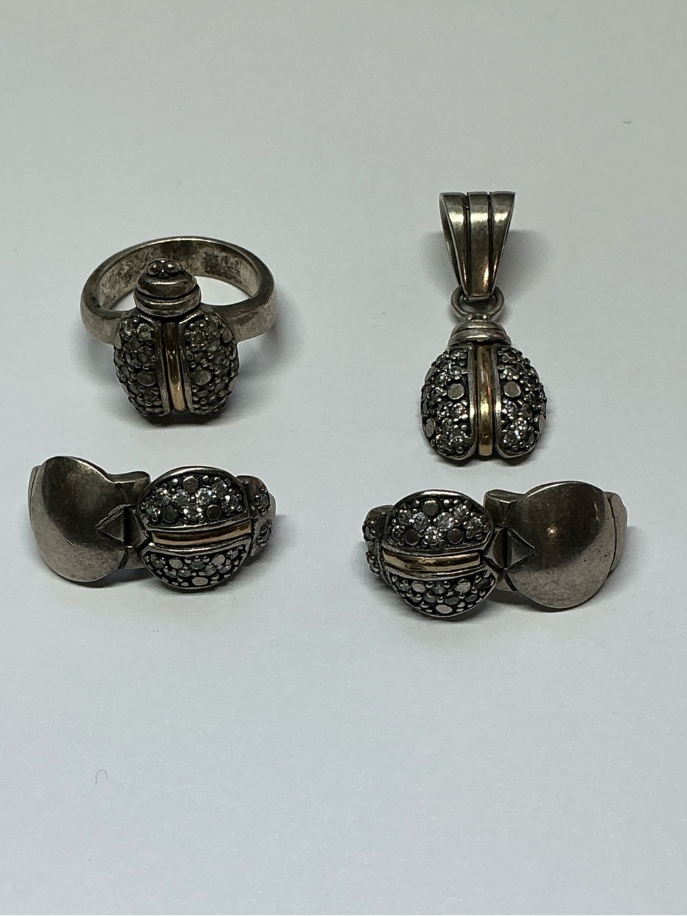 Vintage 10K and Sterling Silver Ladybug Jewelry Set. Ring Pendant Earrings.